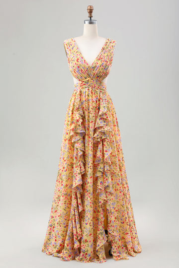 Gul lille blomst A Line V hals plisserede flæser Brudekjole